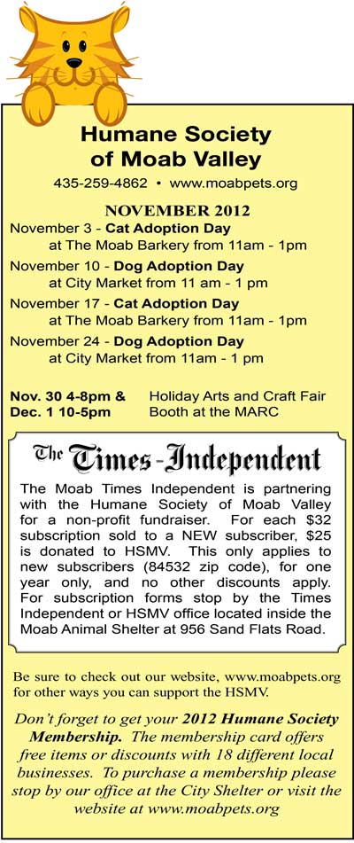 Humane Society of Moab Valley Adoption Day dates for November 2012